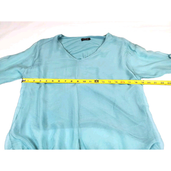 LOLA Made In Italy Womens Top Blue Round Neck Silk Layered Tie Front Flowey - Picture 7 of 9